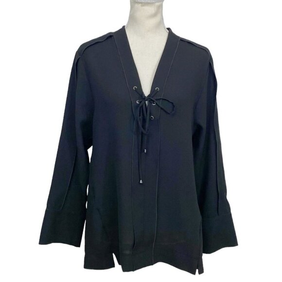 LUISA CERANO BLACK LACE UP NECKLINE SHEER BLOUSE - 6 - Picture 1 of 10